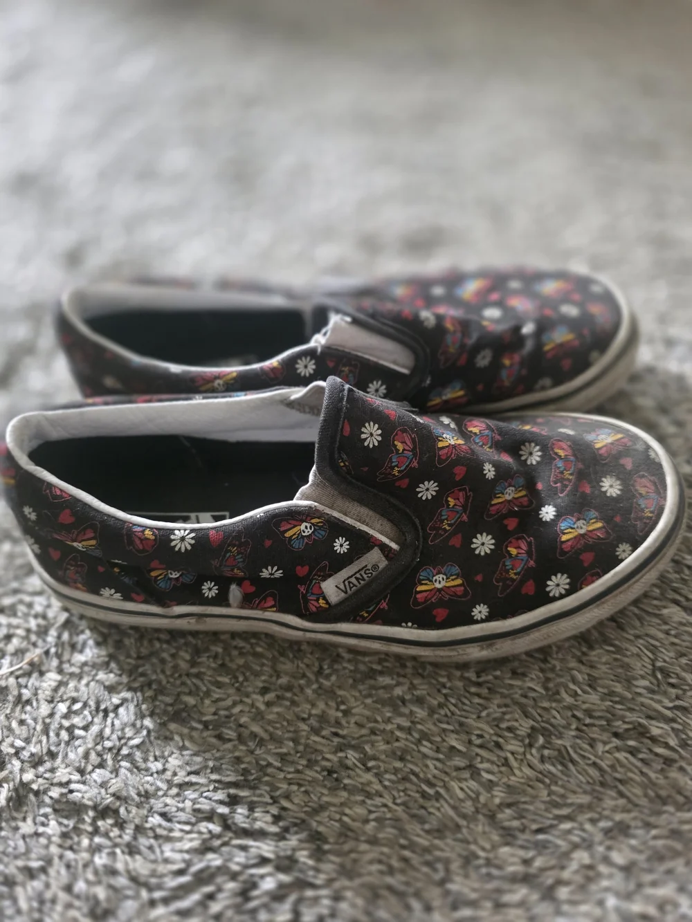 Kids Vans Slip-On Canvas Shoes with Colorful Skull Butterfly Print - Black